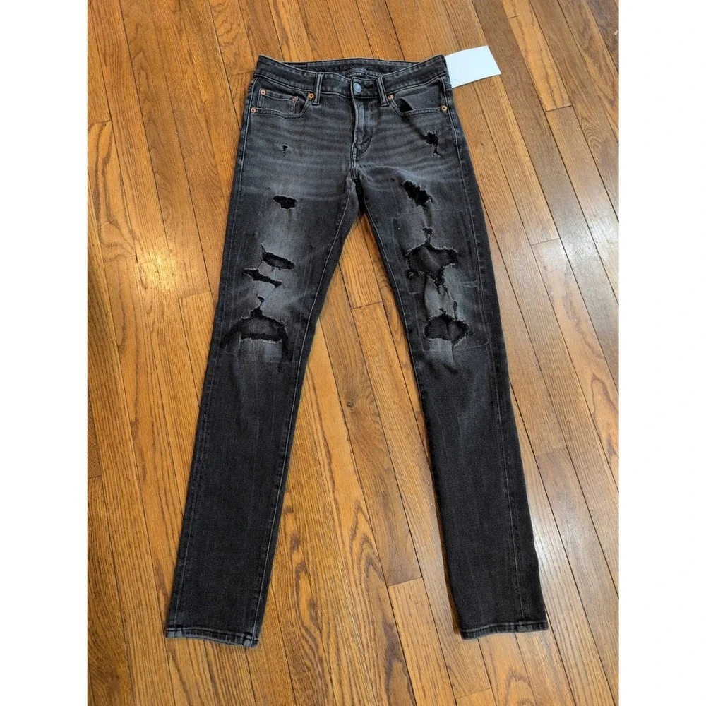 American Eagle AirFlex 360 Distressed Black Skinny Jeans Mens 30x34 Ripped Denim